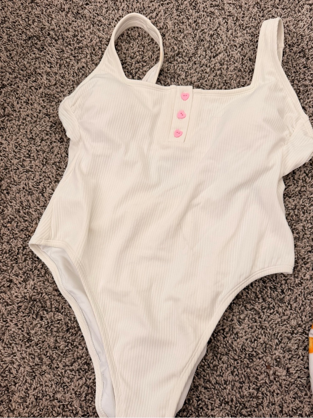 Stoney Clover Lane White Ribbed One-Piece Swimsuit with Pink Heart Buttons
